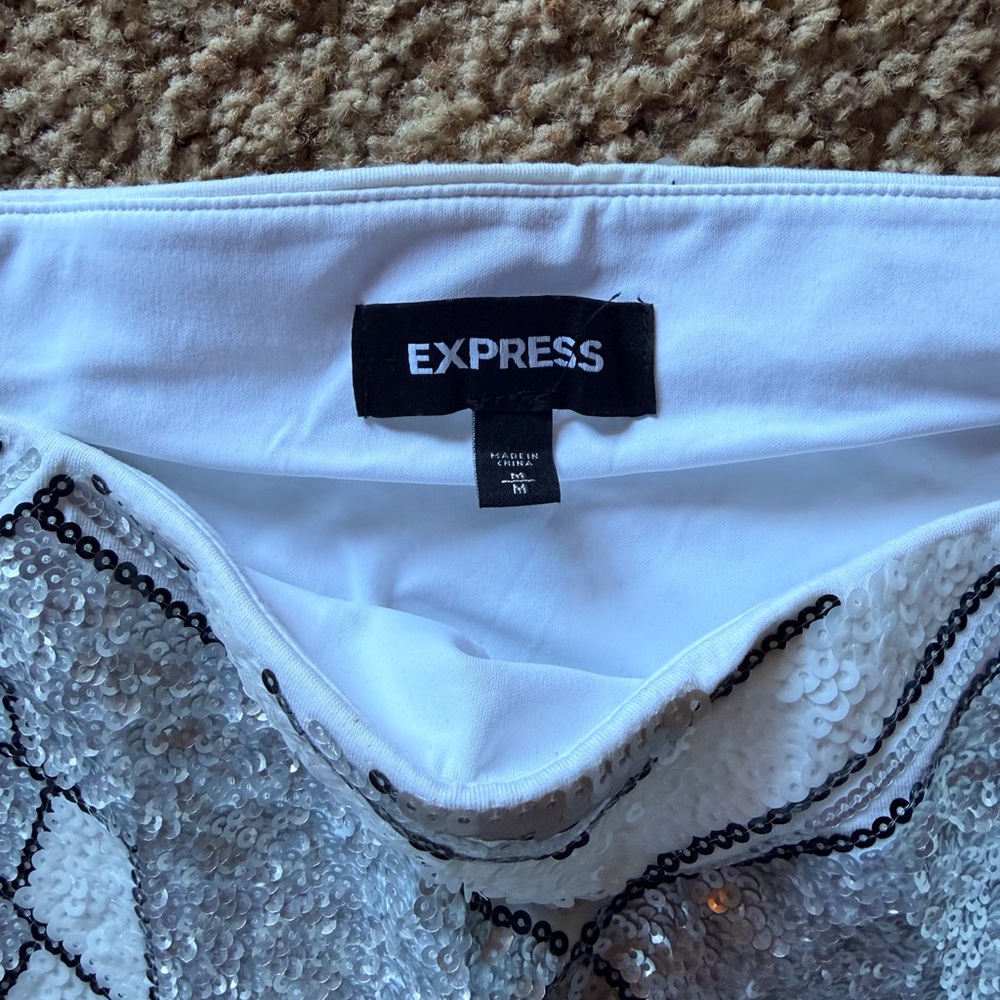 Express Silver Sequin Mini Skirt | Geometric Art Deco | Party / Holiday - Picture 2 of 3